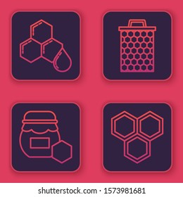 Set line Honeycomb, Jar of honey, Honeycomb and Honeycomb. Blue square button. Vector
