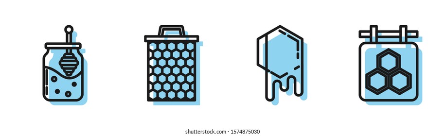 Set line Honeycomb, Jar of honey and honey dipper stick, Honeycomb and Hanging sign with honeycomb icon. Vector