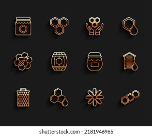 Set line Honeycomb, Jar of honey, Flower, Wooden barrel with, Hive for bees and  icon. Vector