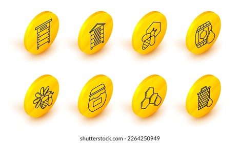 Set line Honeycomb, Jar of honey, Bee and flower, Wooden barrel with, honeycomb, Hive for bees and  icon. Vector