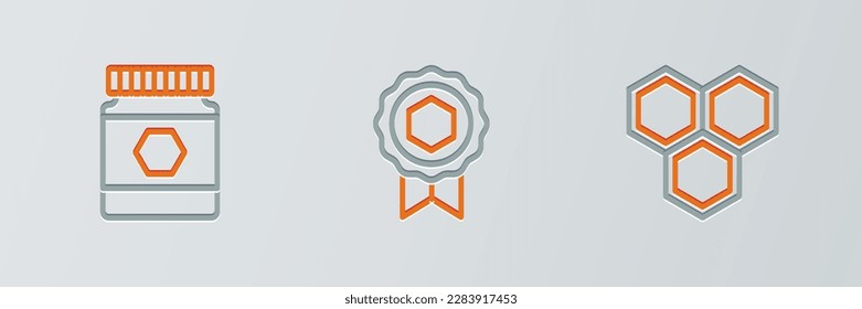 Set line Honeycomb, Jar of honey and medal icon. Vector