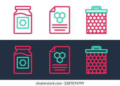 Set line Honeycomb, Jar of honey and  icon. Vector