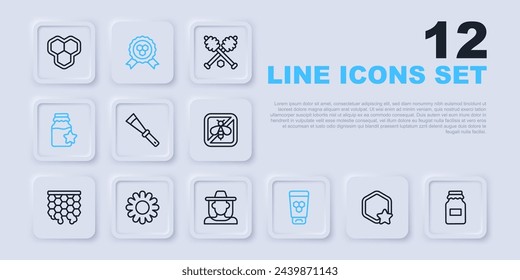 Set line Honeycomb, Jar of honey, Beekeeping knife, Cosmetic tube with, Flower, award and Beekeeper protect hat icon. Vector