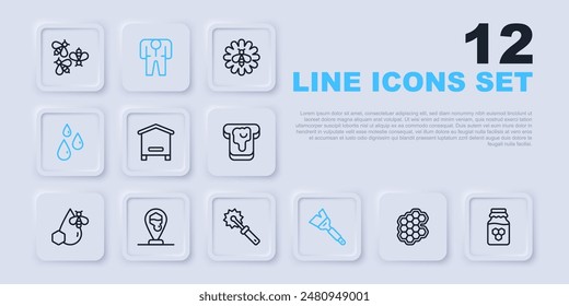Set line Honeycomb, Jar of honey, Hive for bees, Beekeeping brush, Drops, location, Beekeeper costume and Cutter roll icon. Vector