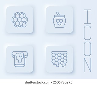 Set line Honeycomb, Jar of honey and dipper stick, Bread with and . White square button. Vector