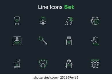 Set line Honeycomb, Jar of honey, extractor, Beekeeper glove, dipper stick and Type bee icon. Vector