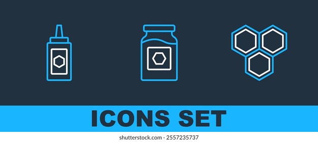 Set line Honeycomb, Jar of honey and  icon. Vector