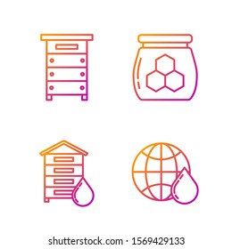 Set line Honeycomb map of the world, Hive for bees, Hive for bees and Jar of honey. Gradient color icons. Vector