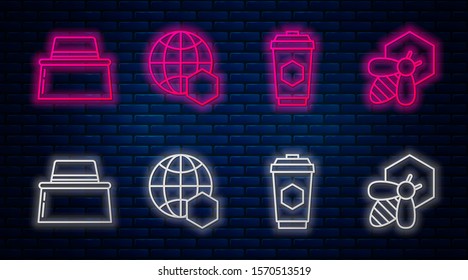 Set line Honeycomb map of the world, Cup of tea with honey, Beekeeper with protect hat and Bee and honeycomb. Glowing neon icon on brick wall. Vector