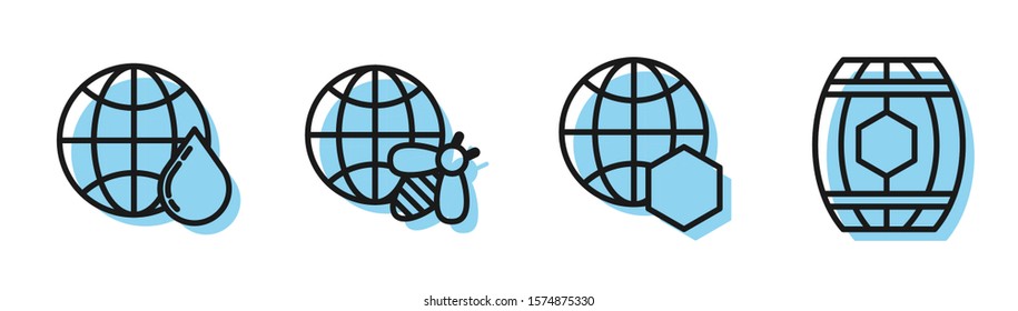 Set line Honeycomb map of the world, Honeycomb map of the world, Honeycomb map of the world and bee and Wooden barrel with honey icon. Vector