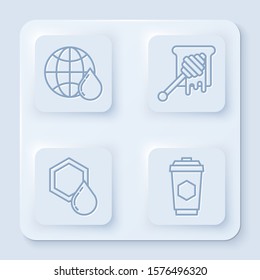 Set line Honeycomb map of the world, Honey dipper stick with dripping honey, Honeycomb and Cup of tea with honey. White square button. Vector
