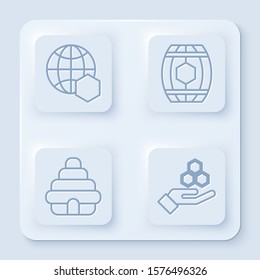 Set line Honeycomb map of the world, Wooden barrel with honey, Hive for bees and Honeycomb and hand. White square button. Vector