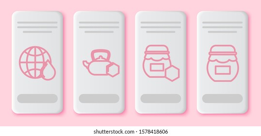 Set line Honeycomb map of the world, Tea kettle with honey, Jar of honey and Jar of honey. White rectangle button. Vector