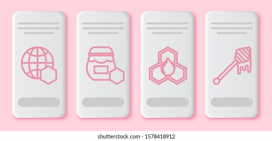 Set line Honeycomb map of the world, Jar of honey, Honeycomb and Honey dipper stick with dripping honey. White rectangle button. Vector