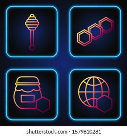 Set line Honeycomb map of the world, Jar of honey, Honey dipper stick and Honeycomb. Gradient color icons. Vector