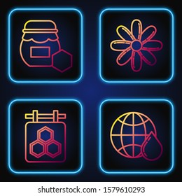 Set line Honeycomb map of the world, Hanging sign with honeycomb, Jar of honey and Flower. Gradient color icons. Vector