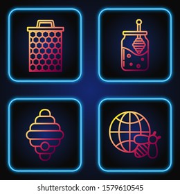 Set line Honeycomb map of the world and bee, Hive for bees, Honeycomb and Jar of honey and honey dipper stick. Gradient color icons. Vector