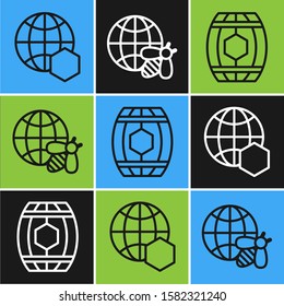 Set line Honeycomb map of the world, Wooden barrel with honey and Honeycomb map of the world and bee icon. Vector