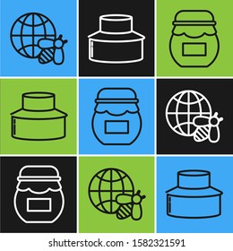 Set line Honeycomb map of the world and bee, Jar of honey and Beekeeper with protect hat icon. Vector