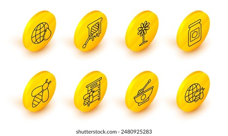 Set line Honeycomb map of the world and bee, dipper stick bowl, Hive for bees, Bee, Jar honey, Flower, with dripping and  icon. Vector