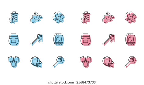 Set line Honeycomb, map of the world and bee, Bee honeycomb, dipper stick, with dripping, Wooden barrel, Jar and Cup tea icon. Vector