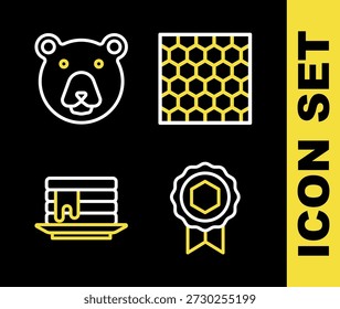 Set line Honeycomb, medal, Stack of pancakes and Bear head icon. Vector