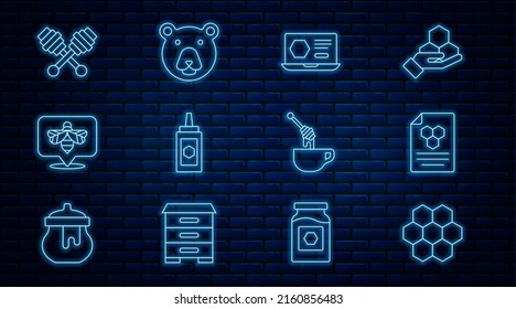 Set line Honeycomb, online service, Jar of honey, Bee, dipper stick, with and Bear head icon. Vector