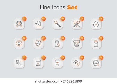 Set line Honeycomb, Sale of bees, Cosmetic tube with honey, extractor, dipper stick, Jar, Bread and  icon. Vector
