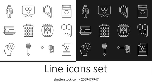 Set line Honeycomb, Stack of pancakes, Beekeeper with protect hat, Wooden barrel honey and bee location icon. Vector