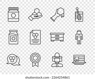 Set line Honeycomb, Stack of pancakes, and hand, medal, Jar honey, Beekeeper with protect hat and  icon. Vector