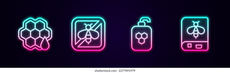 Fijar la línea Honeycomb, Stop abeja, Tubo cosmético con miel y Libro sobre. Icono de neón brillante. Vector
