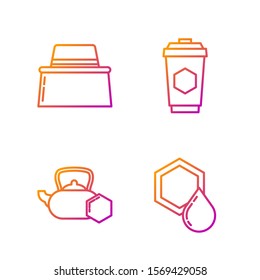 Set line Honeycomb, Tea kettle with honey, Beekeeper with protect hat and Cup of tea with honey. Gradient color icons. Vector