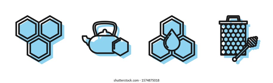 Set line Honeycomb, Honeycomb, Tea kettle with honey and Honeycomb with honey dipper stickicon icon. Vector