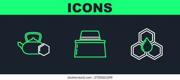 Set line Honeycomb, tetera de té con miel y apicultor protegen ese icono. Vector