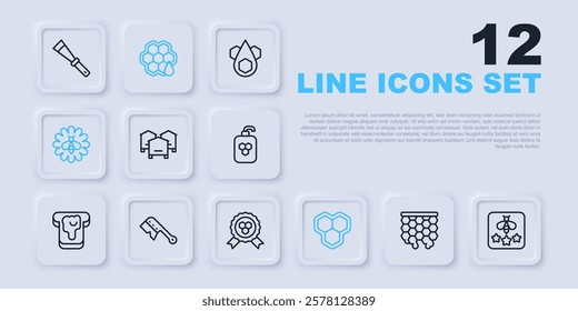 Set line Honeycomb, Type of bee, Hive for bees, Bee flower, Beekeeping brush,  and award icon. Vector