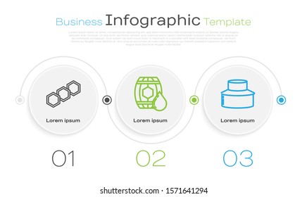 Set line Honeycomb, Wooden barrel with honey and Beekeeper with protect hat. Business infographic template. Vector