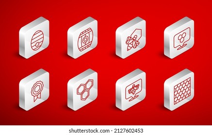 Set line Honeycomb, Wooden barrel with honey, Bee and honeycomb, bee location, Hive for bees, and medal icon. Vector