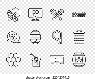 Set line Honeycomb, Wooden barrel with honey, dipper stick, Bee and honeycomb, Hive for bees,  and  icon. Vector