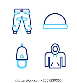 Set line Hoodie, Police cap with cockade, Beanie hat and Camouflage cargo pants icon. Vector