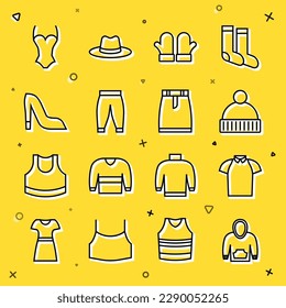 Set line Hoodie, Polo shirt, Beanie hat, Christmas mittens, Pants, Woman shoe, Swimsuit and Skirt icon. Vector