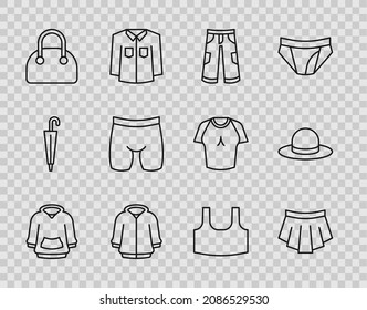 Set line Hoodie, Skirt, Pants, Handbag, Cycling shorts, Undershirt and Man hat icon. Vector