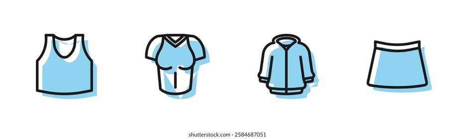 Set line Hoodie, Undershirt, T-shirt and Skirt icon. Vector