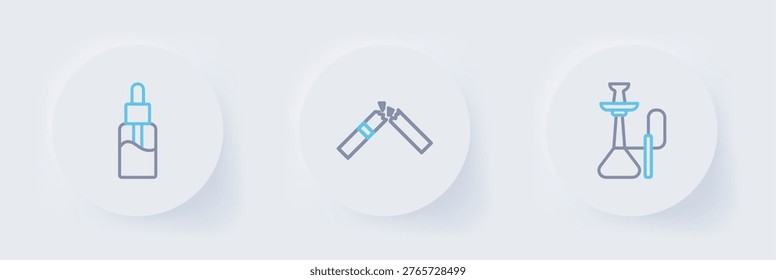 Set line Hookah, Broken cigarette and Vape liquid bottle icon. Vector