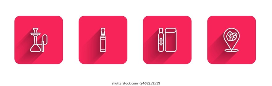 Set line Hookah, Electronic cigarette,  and Tobacco leaf with long shadow. Red square button. Vector