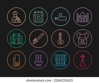 Set line Hookah, Elephant, Wood cricket bat and ball, Bamboo flute indian, India Gate Delhi, Indian man plays, Sitar and Independence day icon. Vector