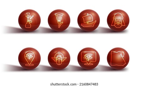 Set line Hookah, Eye of Horus, Egyptian man, Scarab, lotus, Map and ship icon. Vector
