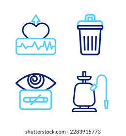 Set line Hookah, Hypnosis, Trash can and Heartbeat increase icon. Vector