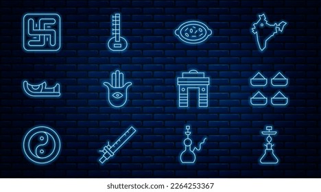 Fijen la línea Hookah, especias indias, Kheer en tazón, mano Hamsa, zapatos, esvástica hindú, Puerta Delhi y Sitar icon. Vector