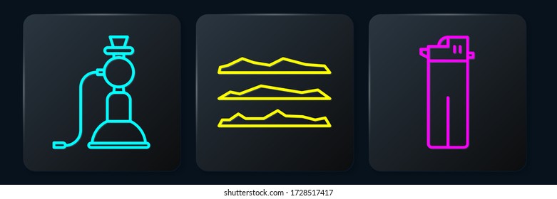 Set line Hookah, Lighter and Cocaine or heroin drug. Black square button. Vector