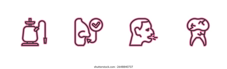Set line Hookah, Man coughing, Healthy breathing and Tooth with caries icon. Vector